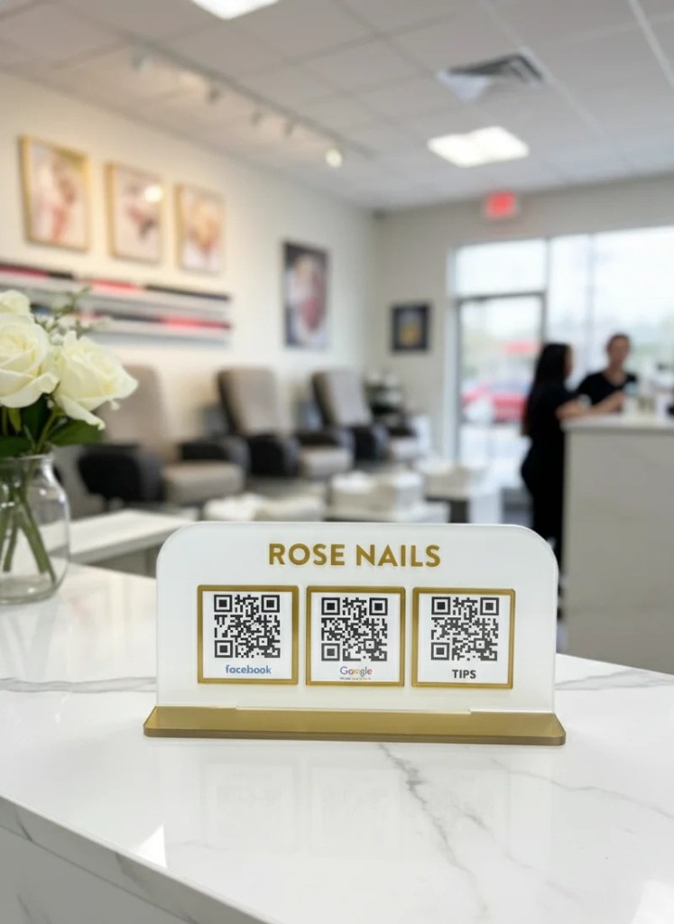 Rose Nails TapMeGo stand with gold QR frames
