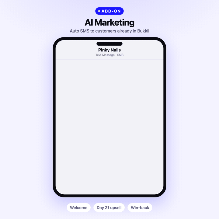 AI Marketing add-on: automatic welcome, day-21 upsell, and win-back texts, each with a booking link