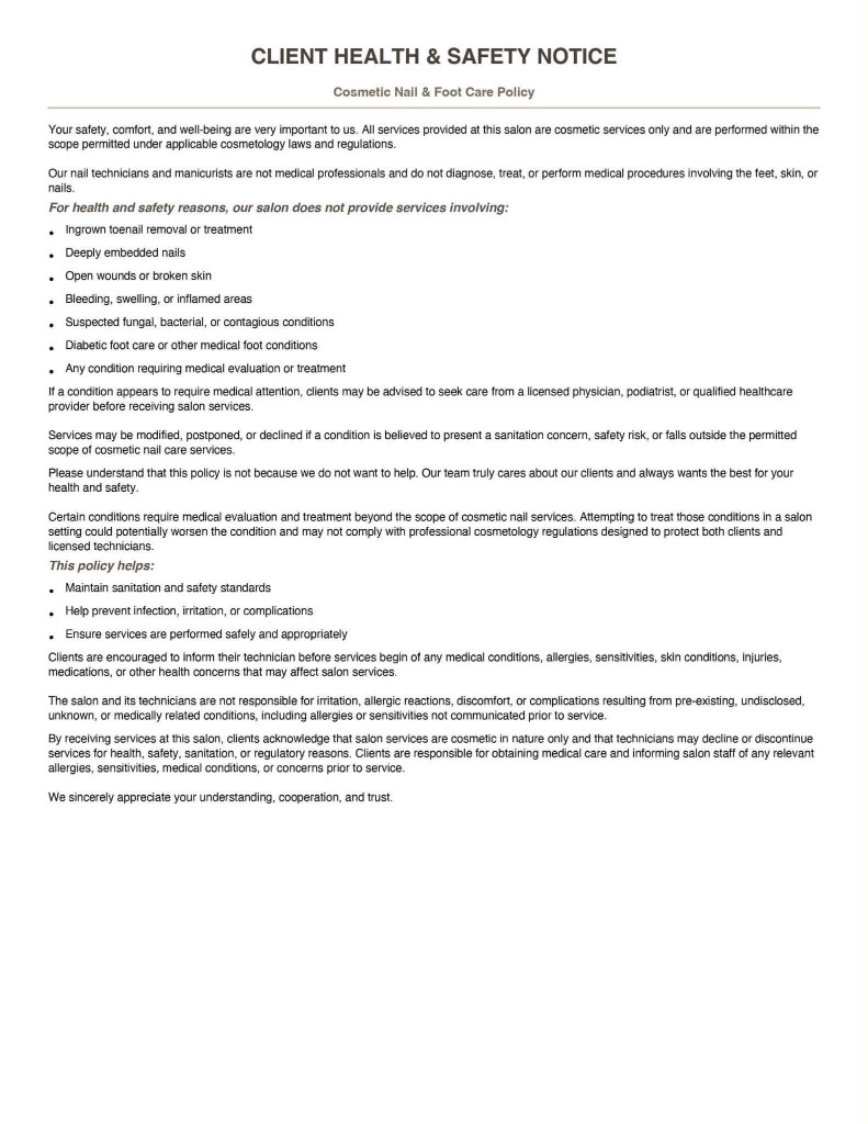 Client Health & Safety Notice — Cosmetic Nail & Foot Care Policy