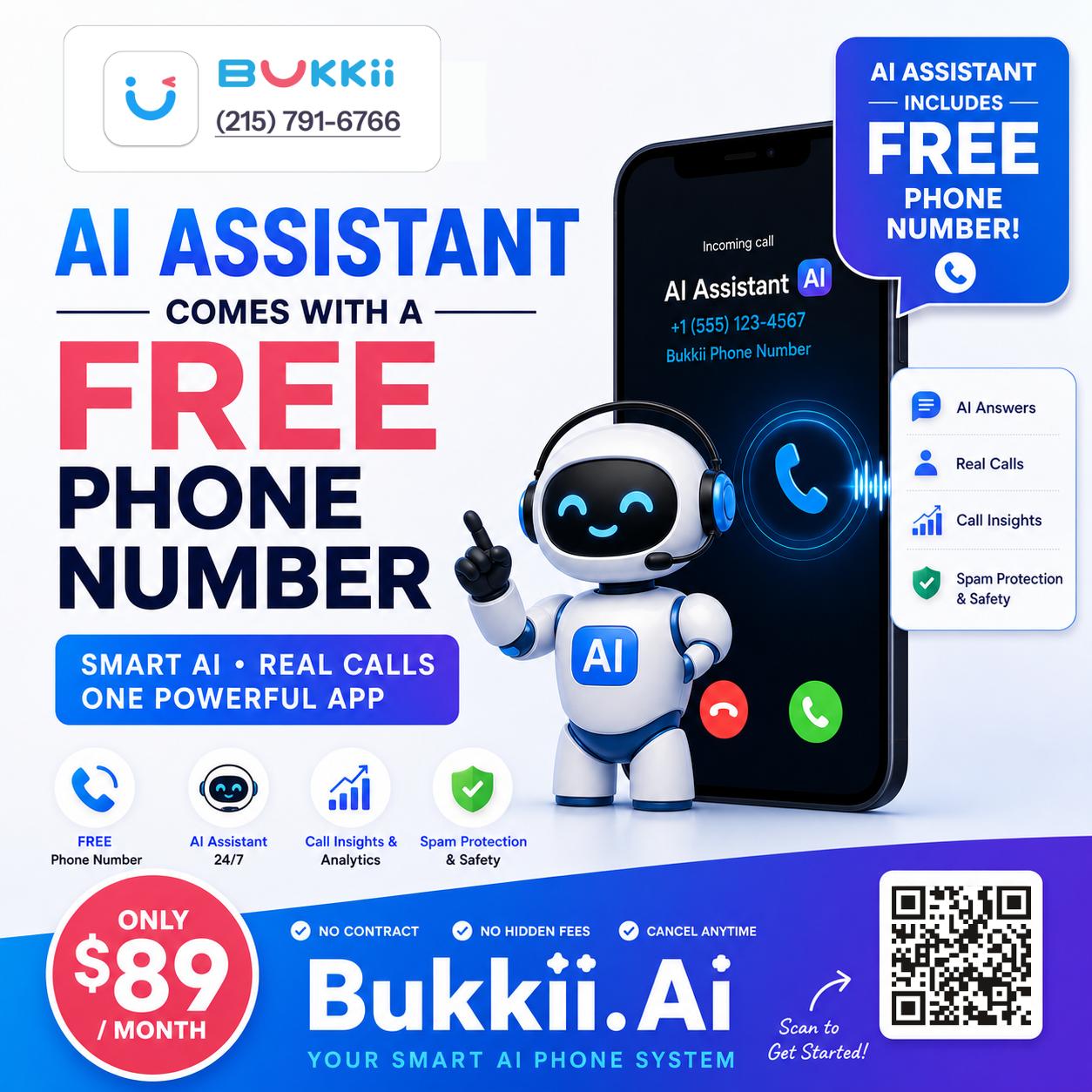AI Assistant comes with a FREE phone number — only $89/mo